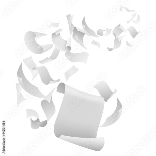 Sheets flying papers. White blank pages paper with bent corners, chaotic falling and flying empty scattered documents, realistic background template. Office notes backdrop vector illustration