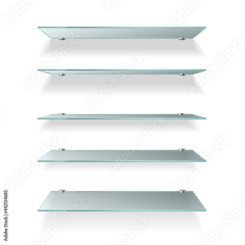 Shelves glass. Wall product display transparent, empty store shelving. Glass showcase various angle view, showcase for books, presentation element for gallery exposition. Vector isolated set
