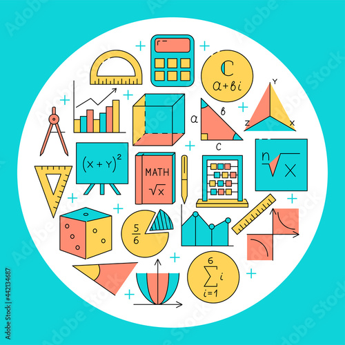 Mathematics round concept banner in colored line style