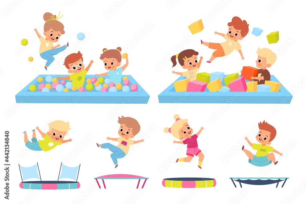 Kids in soft pool. Children jump on trampolines. Boys and girls in playroom. Babies have fun on playground. Young people play in game zone. Vector leisure and energetic activities set Kids in soft pool. Children jump on trampolines. Boys and girls in playroom. Babies have fun on playground. Young people play in game zone. Vector leisure and energetic activities set