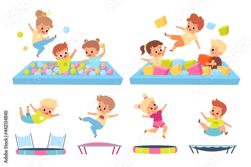 Kids in soft pool. Children jump on trampolines. Boys and girls in playroom. Babies have fun on playground. Young people play in game zone. Vector leisure and energetic activities set