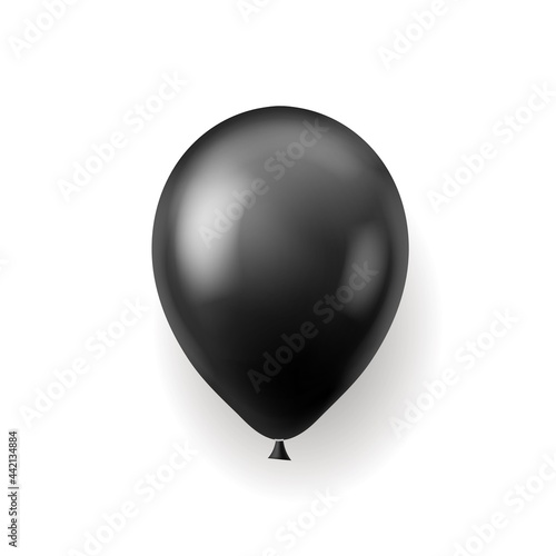 Black balloon. Round flying glossy decorative rubber helium toy with shadow, Birthday party gift or decor, celebration carnival, realistic 3d object. Vector isolated on white illustration