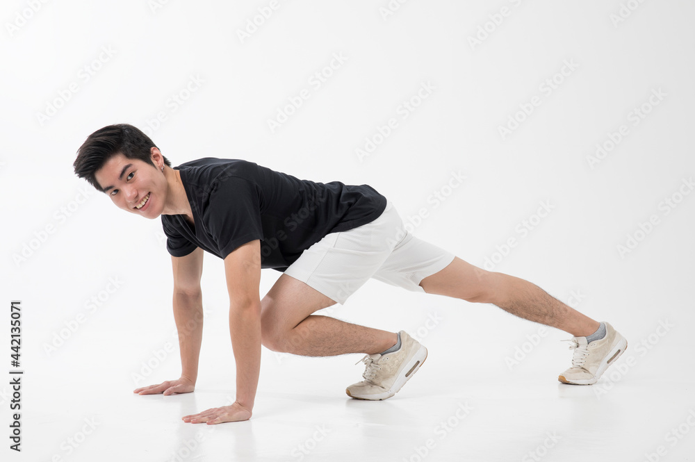 Asian man squats pose white background isolate. Asian man squats pose white background isolate.