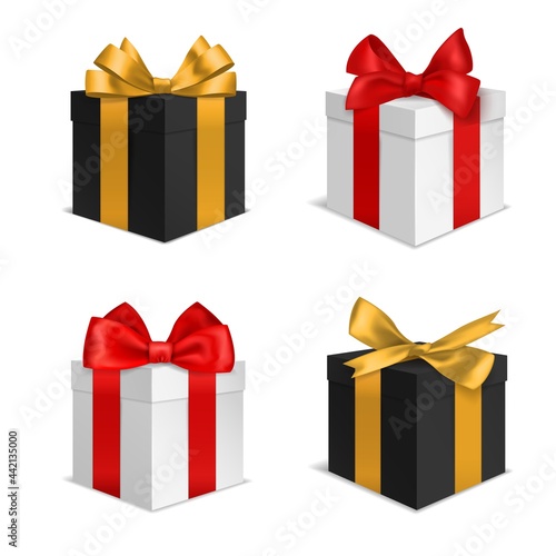 Box gift with bow. Christmas black and white presents with red and gold bows. 3d luxury gifts for holidays and birthday surprises, closed cardboard wrapping containers vector realistic set