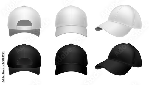 Realistic baseball cap. Black and white mockup hat front side and back view. Men and women headwear, sport and casual blank clothers, marketing branding template. Vector 3d isolated set