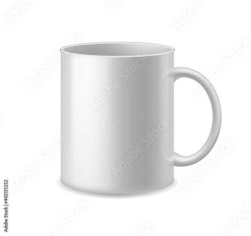 Realistic cup. White ceramic mug with handle coffee or tea. Empty simple clean porcelain utensil with shadows, advertise and presentation template for branding, vector 3d isolated illustration