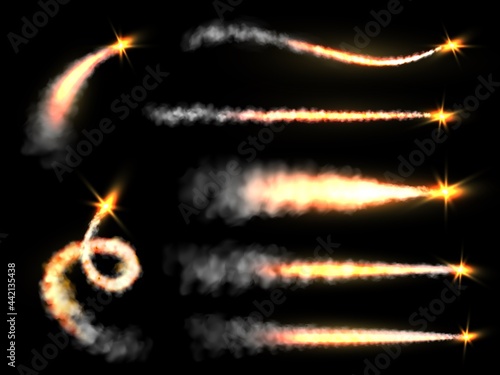 Smoke rocket. Smoke jets trailing, fiery foggy trails jet airplane. Missile, shuttle or spaceship strait and curve contrail, comet or meteor falling in space. Vector isolated on black set