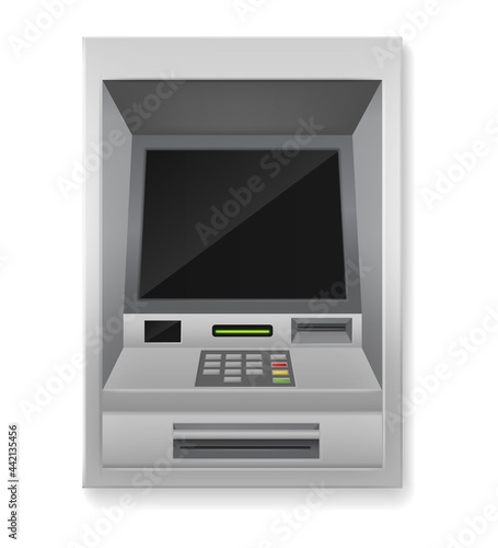 ATM. Realistic payment machine. 3D banking terminal. Automated electronic equipment for financial transactions with cash and credit cards. Vector digital device with screen and buttons