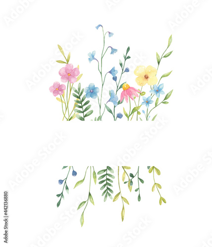 Watercolor floral frame with copy space isolated on white background. Trendy summer cute flowers frame for greeting cards, posters, wedding invitations. 