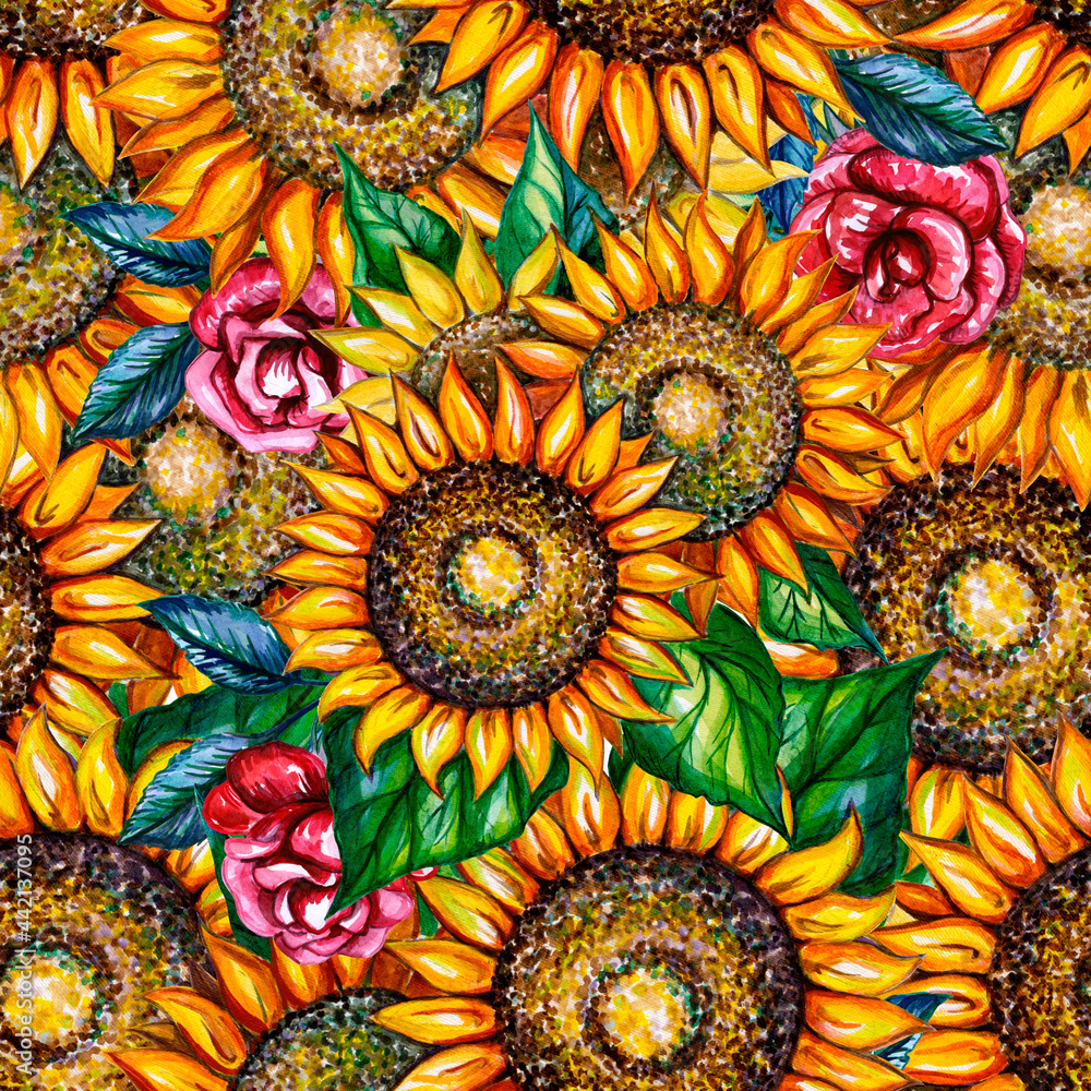 Colorful sunflowers and roses
