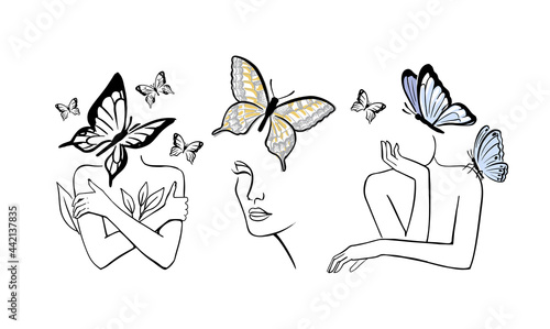 Butterflies and women drawing. Line art body and face female photo