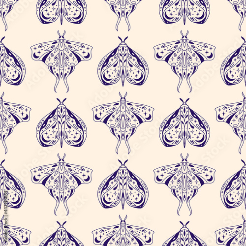 Vector magic celestial seamless pattern with moon, stars and mystic moths. Boho abstract esoteric background with butterflies for fashion, fabric, textile, paper, poster, print