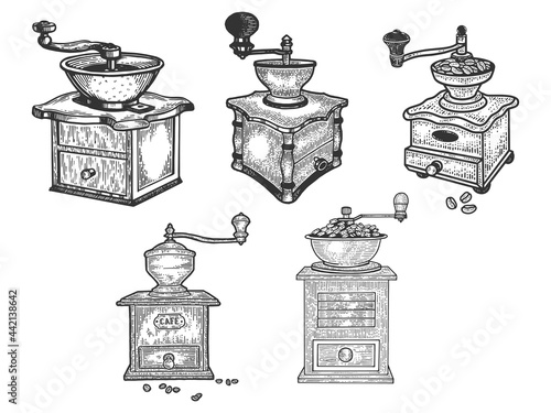 coffee grinder set line art sketch engraving vector illustration. T-shirt apparel print design. Scratch board imitation. Black and white hand drawn image.