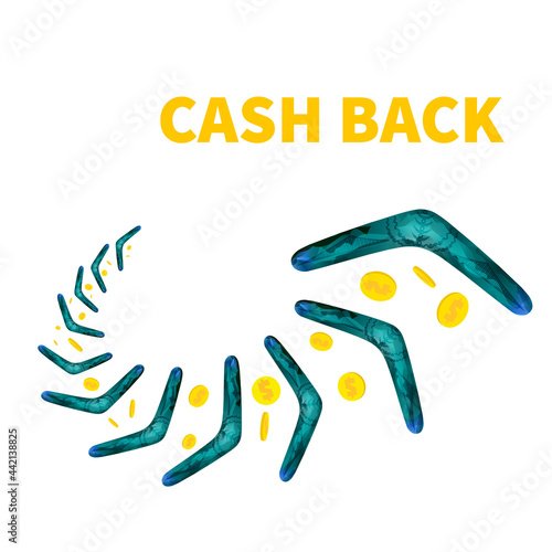 Cash back reward concept. Turning back boomerang with gold dollar coins in the sky. Money rebate design template in cartoon style. Vector illustration. Perfect for credit card companies.