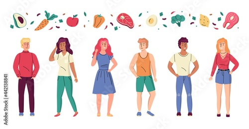 Diet people. Healthy lifestyle, slender sport men and women, keto eating food, normal weight characters poster or banner, balanced nutrition, proteins and fiber. Vector cartoon isolated set