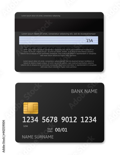 Credit card black. Debit cards with gold chip realistic, front and back side mockup for bank transaction. Financial payment instrument. Blank template. Vector isolated illustration