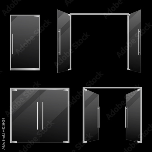 Doors glass. Open and closed double and single glass mall and store clear gloss door. Realistic mockup. Modern architectural interior and exterior element. Vector isolated on black set