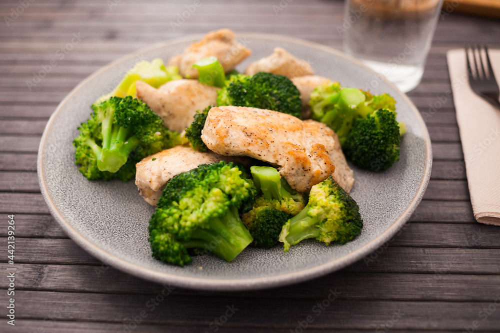 healthy appetizer of chicken pieces with broccoli in bowl for healthy breakfast healthy appetizer of chicken pieces with broccoli in bowl for healthy breakfast