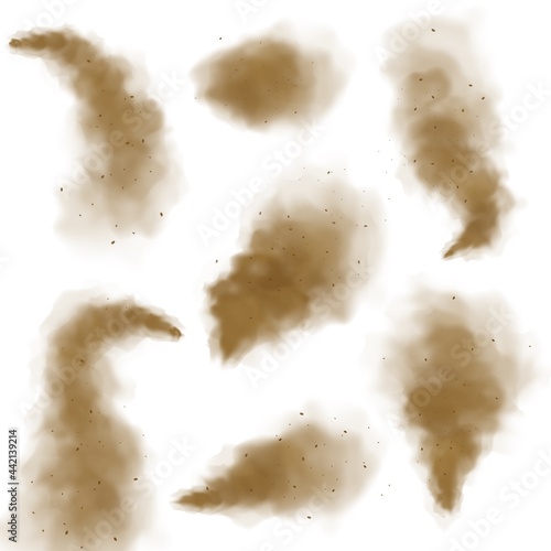Sand cloud. Dust fog dry, desert sandy air 3d explosion with flying particles. City smog, urban pollution. Brown dirty spray, decor elements collection. Vector isolated realistic textures set