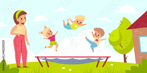 Outdoor trampoline jumping. Children play in yard with gym equipment. Cute kids bounce by mother supervision  active group games. Happy summer leisure time. Vector cartoon isolated concept