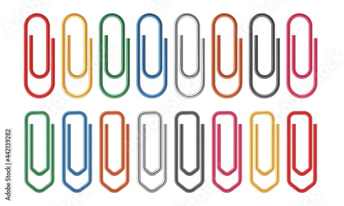 Colored paper clips. Fasteners document sheets realistic clip, office organized, color metal school stationery, announcement holders, paperclips collection. Vector isolated set