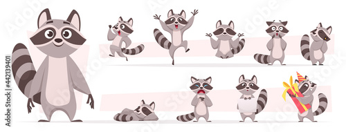 Raccoon animal. Wild mammal cute smile playing and jumping in various action poses forest dweller exact vector cartoon funny mascot photo