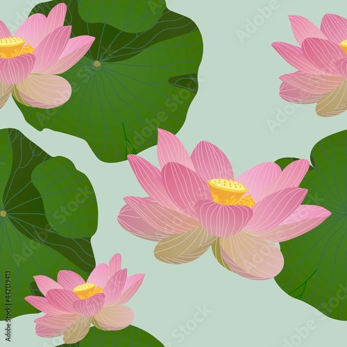 Ornate vector seamless illustration with lotus flowers and leaves on the water. Floral pattern for background design, print and wallpaper. 