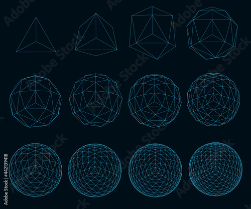 A set of wireframe geometric shapes in a sequence complicating their geometry. Vector illustration