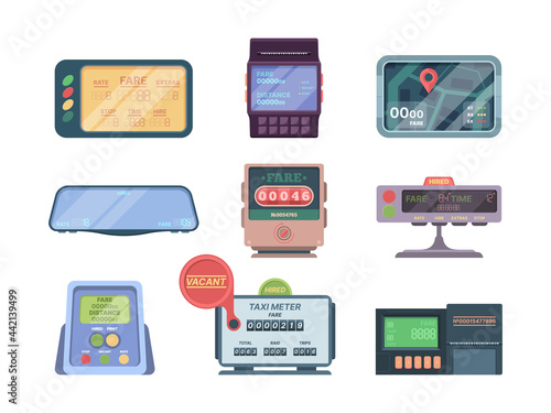 Taximeter. Service car kilometers display for pay money passenger transportation taximeter garish vector gadgets illustration