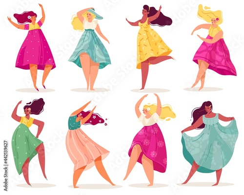 Summer women. Funny people plus size in patterned color dresses, pretty body positive girls with long hair, free jumping poses. Young sexy models, overweight female characters vector set