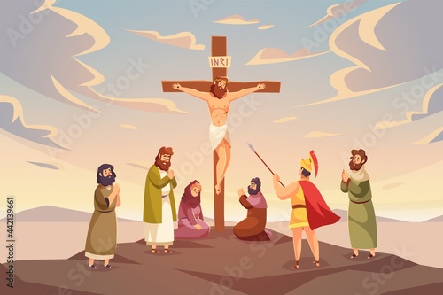 Christ crucifixion. Dying Jesus on Cross dramatic bible scene, sunset backdrop in golgotha, mount Calvary, sacred sacrifice virgin Mary and apostles. Christian and catholic icon vector concept