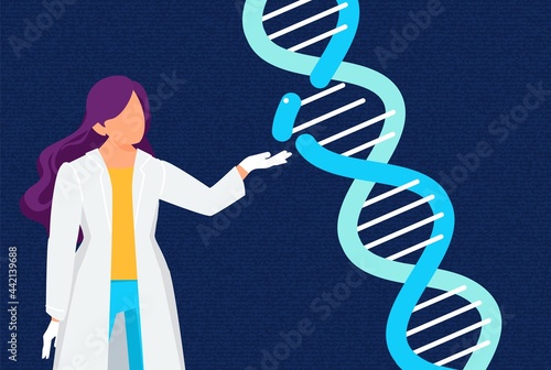 Research lab concept. DNA laboratory, female genetic scientist. Doctor and genome, biochemical analysis vector illustration
