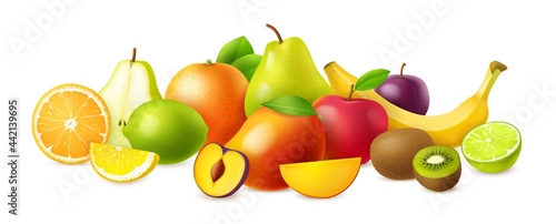 Juicy fruit. Realistic organic fruits  fresh natural food  3d juicy citrus  banana  green apple  kiwi and sweet mango  healthy meal. Objects horizontal composition. Vector isolated concept