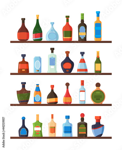 Bottles on shelves. Alcoholic drinks vodka liquor rum wine tequila restaurant or bar liquid products in glass bottles garish vector collection in flat style
