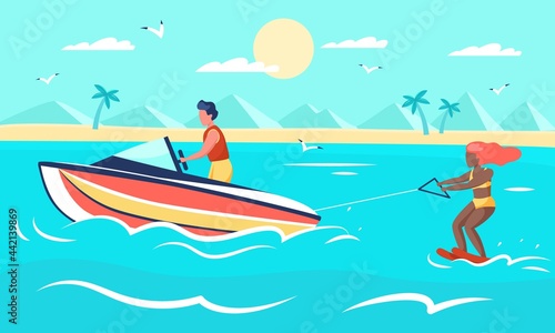 Sea extreme. Summer beach sport, woman on water skis, young man drives motor boat, happy people engaged aqua activities and recreation. Active leisure time. Vector cartoon seaside concept