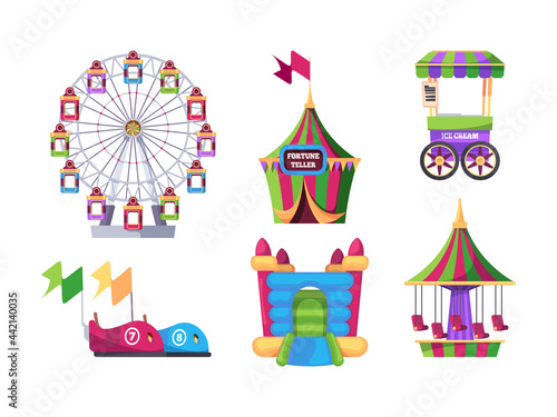 Amusement park. Outdoor attraction for kids swing game machines catapult carousel inflatable trampoline garish vector flat illustrations