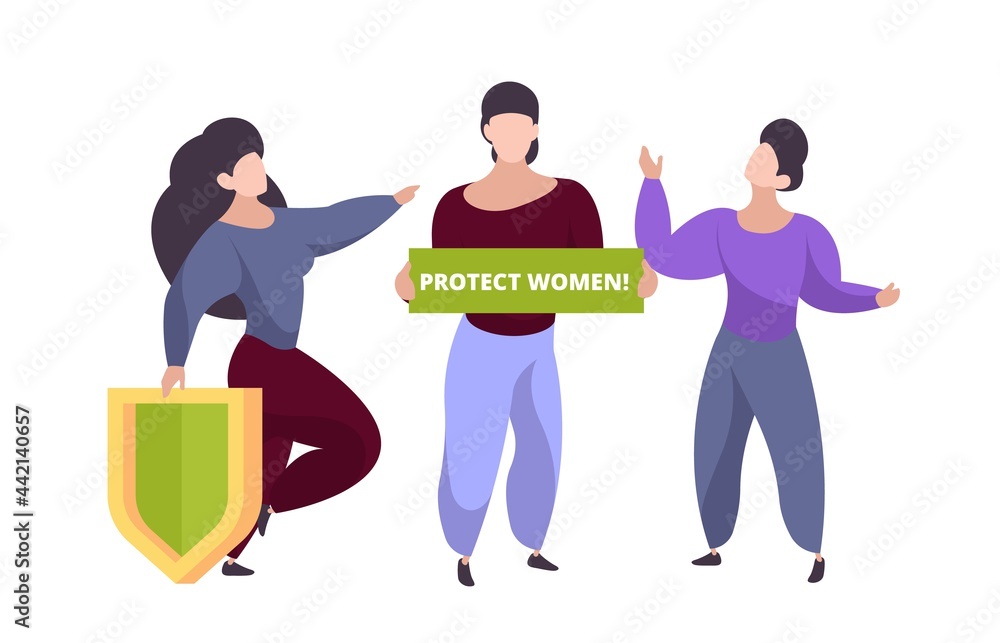 Protect women concept. Female group, isolated woman demonstration character. Girl with placard, anti bullying or harassment vector illustration