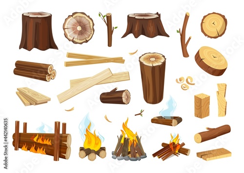 Lumber. Logs and timbers, wooden boards. Tree branches, wood shavings and sawdust. Burning and extinct bonfire, isolated vector rustic elements