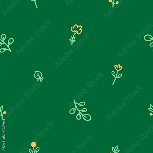 Seamless pattern with different plants and  flowers on green background. Vector print with herbs. Botanical doodle wallpaper.