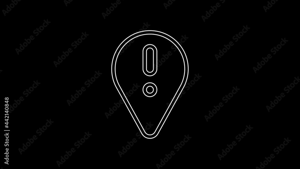 White line Map pointer with exclamation mark icon isolated on black ...
