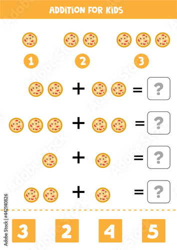 Addition for kids with cartoon round pizza.