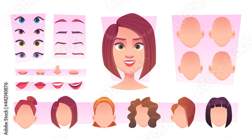 Female face constructor. Woman avatar creation kit face parts eyes lips head nose smile emotions exact vector cartoon templates