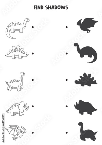 Find the correct shadows of black and white dinosaurs. Logical puzzle for kids.
