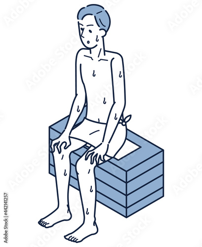 サウナで気持ちよく汗をかいている男性のアイソメ