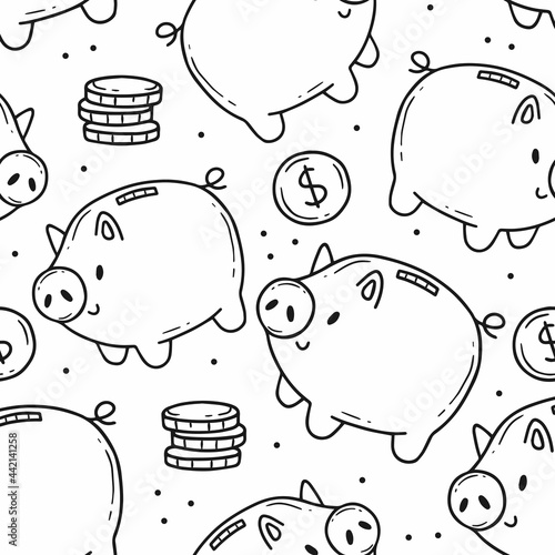 Seamless pattern with piggy bank and coins in simple cartoon doodle style. Black and white background vector illustration on the theme of business and finance.