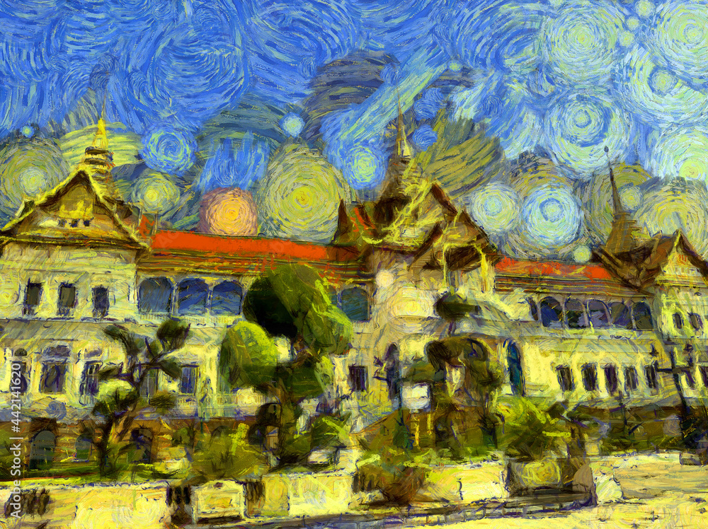 Obraz premium The grand palace wat phra kaew bangkok thailand Illustrations creates an impressionist style of painting.