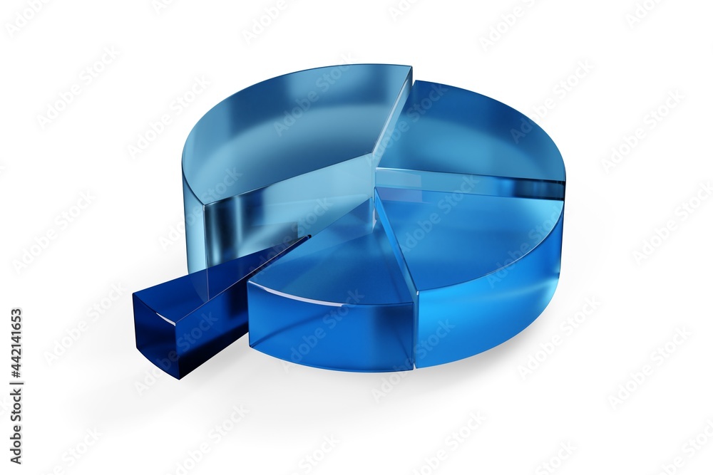 Fototapeta premium Blue transparent pie chart business diagram over white background, financial growth, statistics or investment graph concept