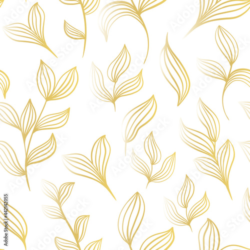 Botanical background with gold leaves on a white background. Vector illustration, seamless pattern with graceful sheets. Rich beautiful template for packaging and wallpaper.