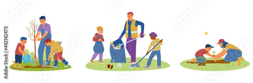 Vector Set Of Children Volunteers With Adults Collecting Trash, Planting Seedlings And Trees. Isolated On White.