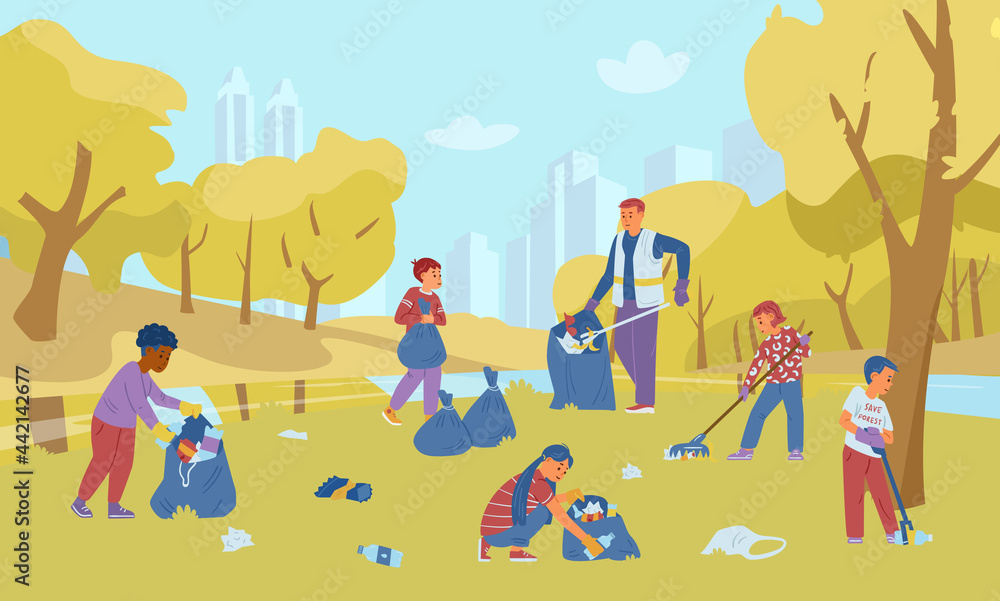 Group Of Children Volunteers With An Adult Collecting Trash In Autumn Park. Vector Illustration.